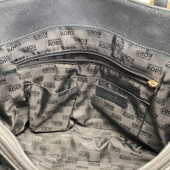 Michael Kors Jet Set Signature Large Tote Purse Black Leather Snap Outer Pocket - Picture 6 of 8